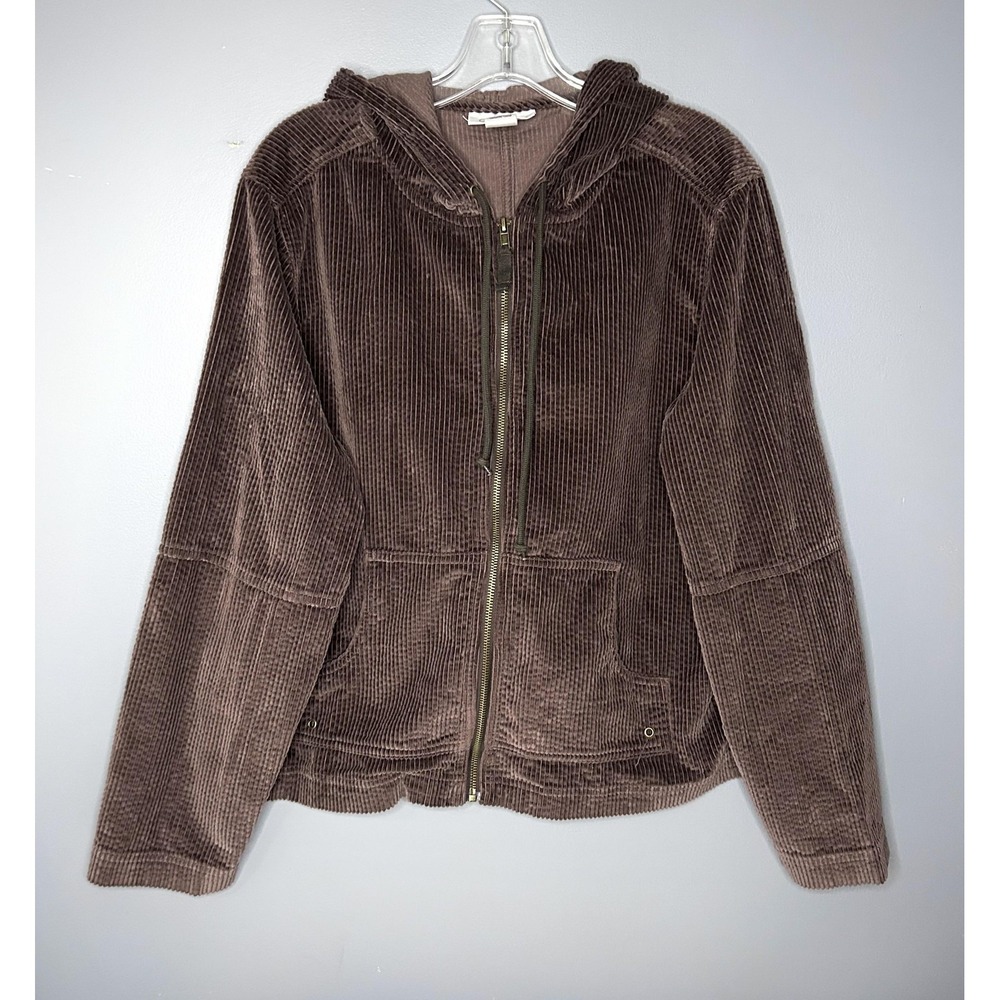 Chadwicks Jacket Womens XL Brown Thick Ribbed Wide Corduroy Hooded Full Zip Cozy
